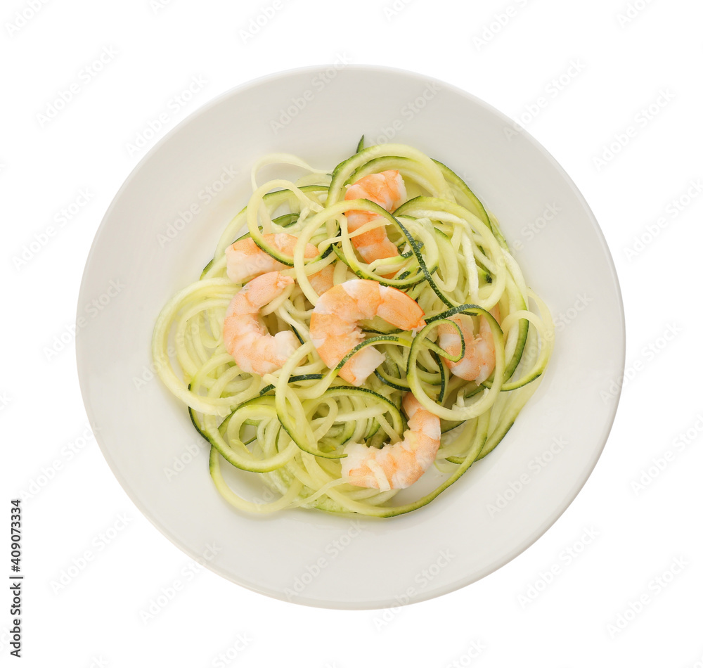Delicious fresh zucchini pasta with shrimps on white background, top view