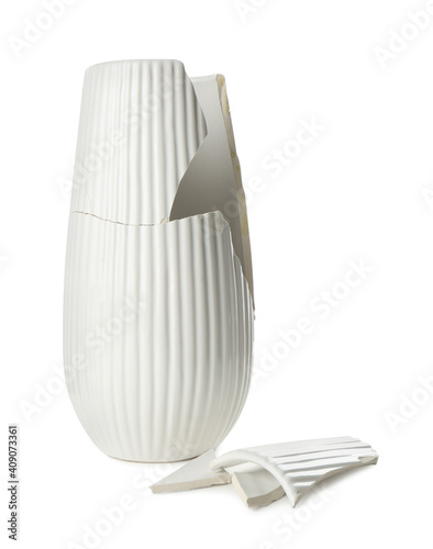 Photography Broken bright ceramic vase isolated on white