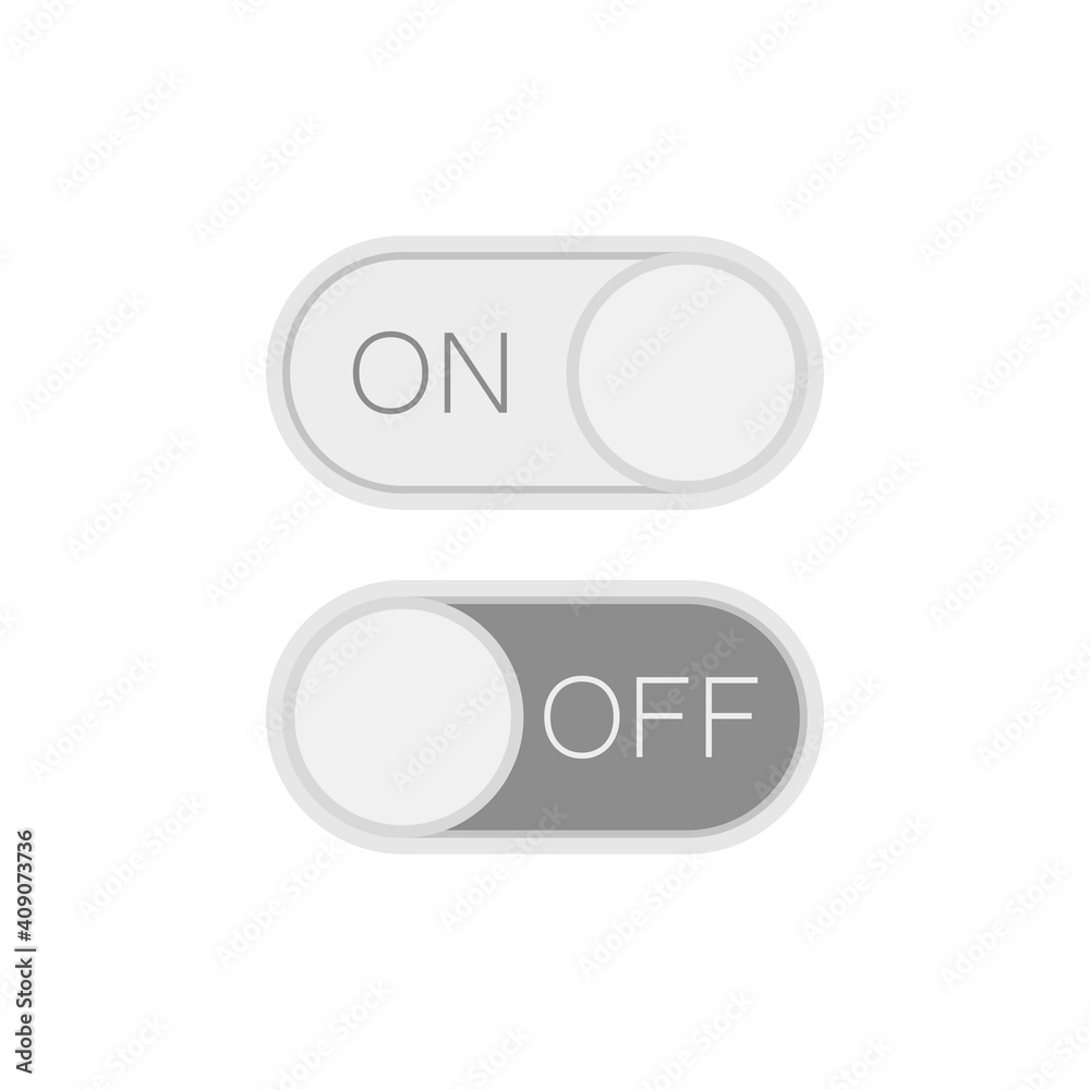 Toggle monochrome switch button in flat design. Template for mobile and web applications. White in on position, grey in off. Toggle monochrome switch button in flat design. Template for mobile and web applications. White in on position, grey in off.