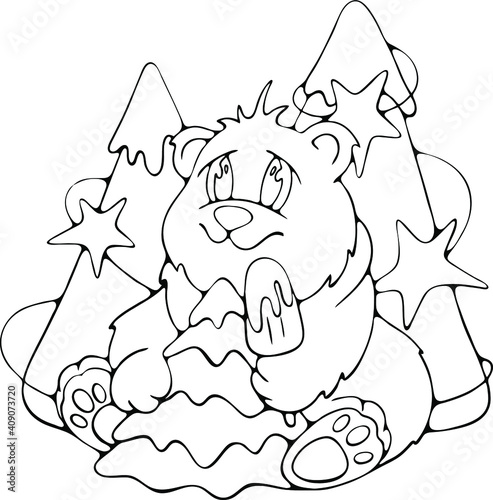 Cartoon Polar Bear character with an ice cream, contour vector stock illustration for children books, coloring, postcards, greeting or invitation cards, stickers, prints or logo, web design or apps