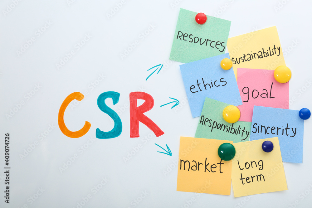 Scheme with abbreviation CSR and its components written on magnetic whiteboard. Corporate social responsibility Scheme with abbreviation CSR and its components written on magnetic whiteboard. Corporate social responsibility