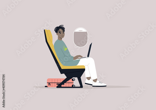 Young male Black character working on their laptop during the flight, modern millennial lifestyle and remote work