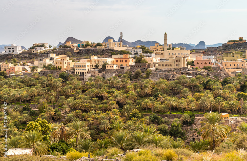 View of mountain village Misfat Al Abriyeen surrounded by the garden with date palms, Sultanate of Oman