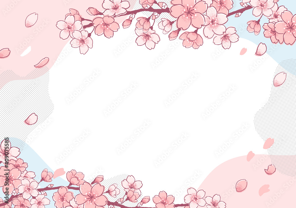 桜 ソメイヨシノの可愛い手書きタッチイラストレフーム ロゴ入りバナー Stock Vector Adobe Stock