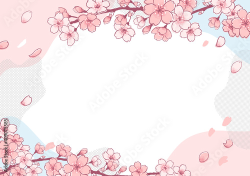桜、ソメイヨシノの可愛い手書きタッチイラストレフーム。ロゴ入りバナー
