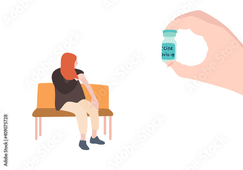 Banner with young woman waiting to be vaccinated against Covid-19 at the clinic in flat cartoon style