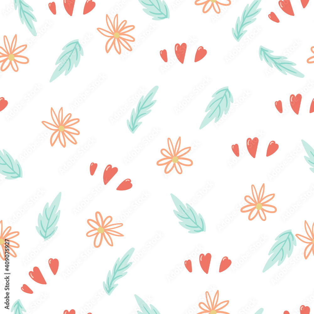 Seamless pattern with hearts in flat cartoon style - Happy Valentines day.