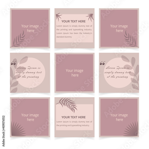 Set of editable square banner templates. Social media posts. Minimal background with shadows overlay effects of a leaf. Can be used for social media post, banners, story and web internet ads