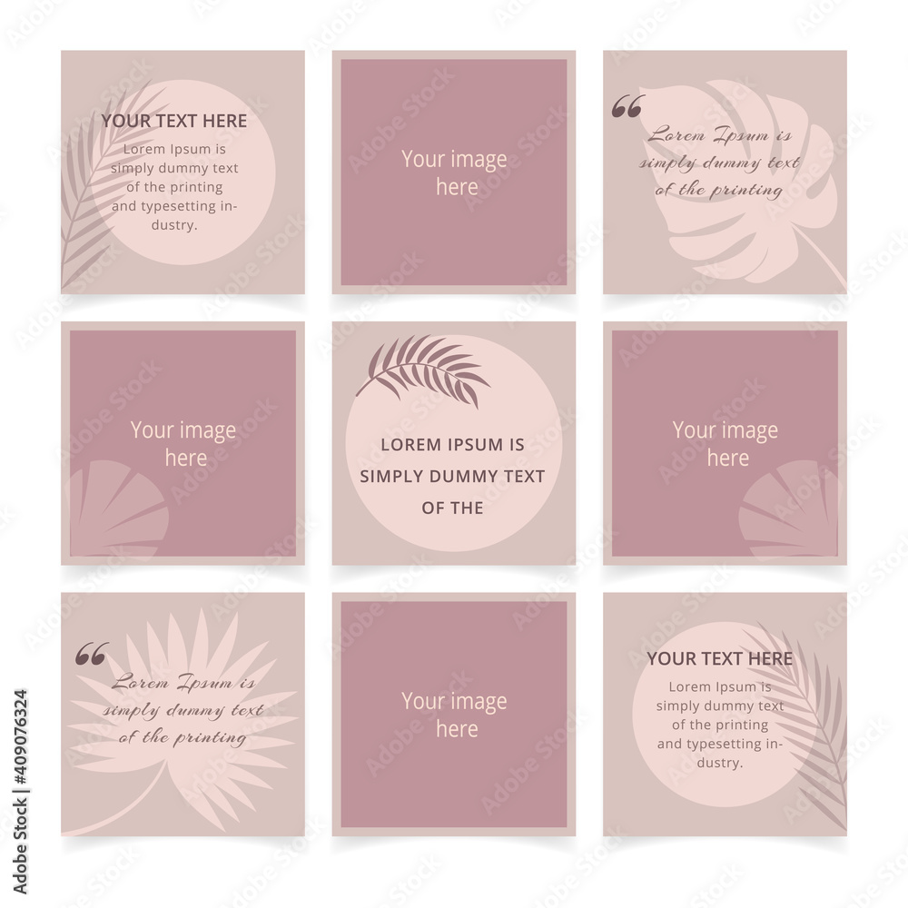 Set of minimal square social media posts templates. Minimalist background with leaf shadows overlay effects. Suitable for social media posts, mobile apps, banners design and web/internet Set of minimal square social media posts templates. Minimalist background with leaf shadows overlay effects. Suitable for social media posts, mobile apps, banners design and web/internet