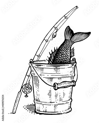 Fishing rod and bucket with fish, black and white illustration. Vector image.