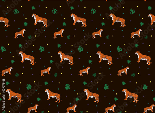 Tropical seamless pattern with tigers and monstera leaves. Vector animalistic design for fabric, wrap paper or wallpaper. Exotic art background.