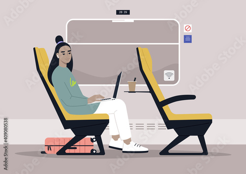 Young female Asian commuter rides a train next to a window, modern lifestyle and travel