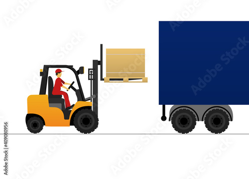 Forklift truck yellow color loads the cargo into the truck.Cargo delivery, shipping. Stock vector illustration on white isolated background.