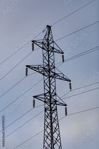 power lines on the blue sky