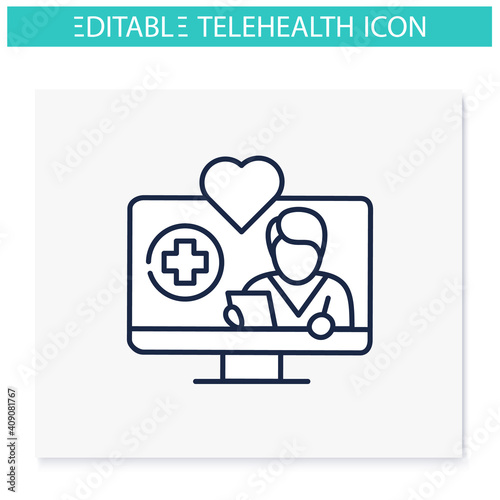 Telenursing line icon. Telehealth medical care. Virtual nurse assistance, consultation. Telemedicine, health care concept. Online medical examinations. Isolated vector illustration. Editable stroke 