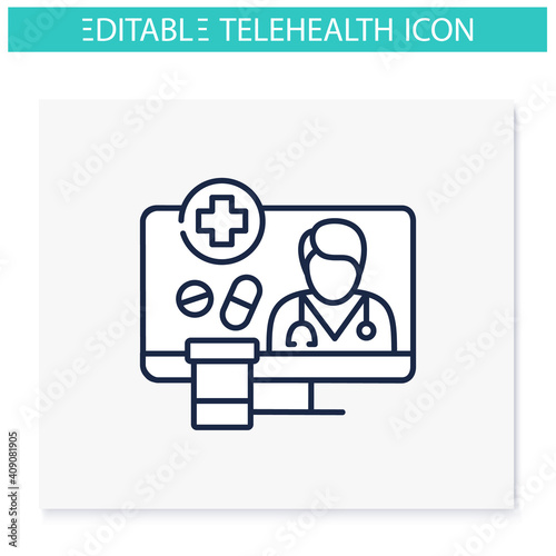 Medication prescription online line icon. Telehealth medical care. Virtual doctors treatment. Telemedicine, online health care concept. Isolated vector illustration. Editable stroke 