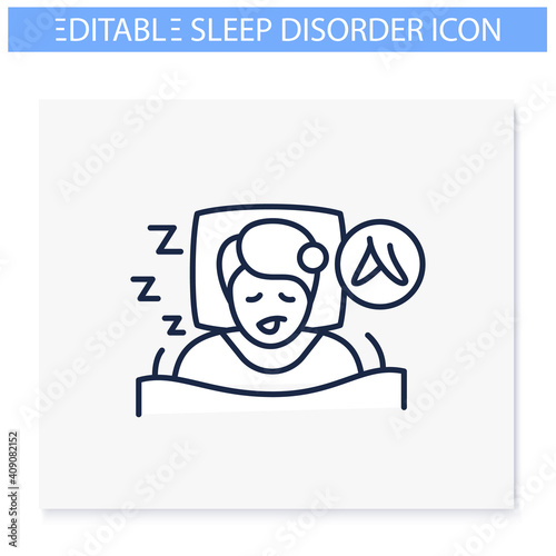 Restless legs syndrome line icon. Sleep disorder. Healthy sleeping concept. Sleep problems treatment. Stress symptom. Health care. Isolated vector illustration. Editable stroke 