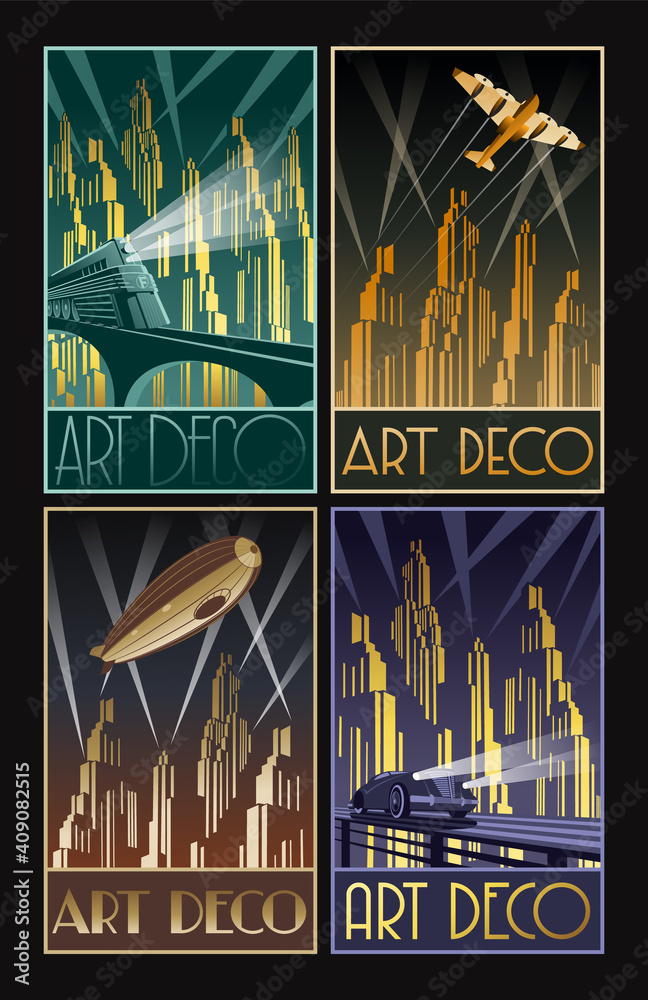 Art Deco Poster Set, Retro Future Illustratoins, Cityscapes, Train,  Dirigible, Plane and Car Stock Vector