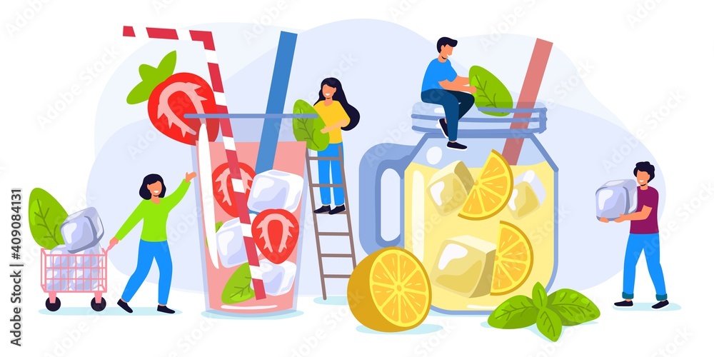 Refreshing drink with ice orange, blackberry and blueberry Summer vector illustration Hot season elements flat tiny persons concept Glass with strawberries and orange, ice cubes in juice water