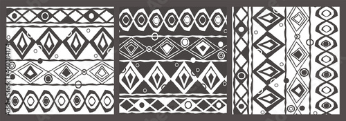 Gray white seamless geometric endless pattern of curved circles, arcs, rhombuses, triangles. Ethnic motives. Image contains three variants of the same pattern
