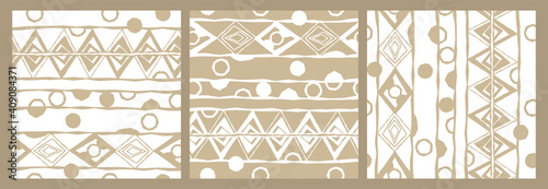 Three variants of abstract seamless pattern with random rough, twisted part of triangles or broken lines, circles shapes. White and beige colors