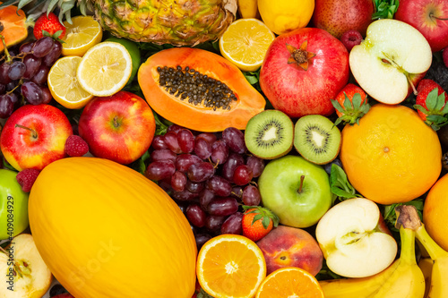 Food background fruits collection apples berries kiwi oranges fruit