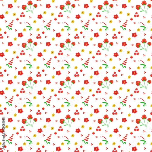 Raspberry, currant and flowers seamless pattern. Summer berries illustration