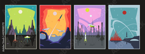 Mid Century Modern Style Space Illustrations, Retro Future Space Rockets, Flying Saucers, Alien Planets
