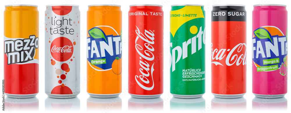 Coca Cola Coca-Cola Fanta Sprite products lemonade soft drinks in cans  isolated on a white background Stock 写真 | Adobe Stock