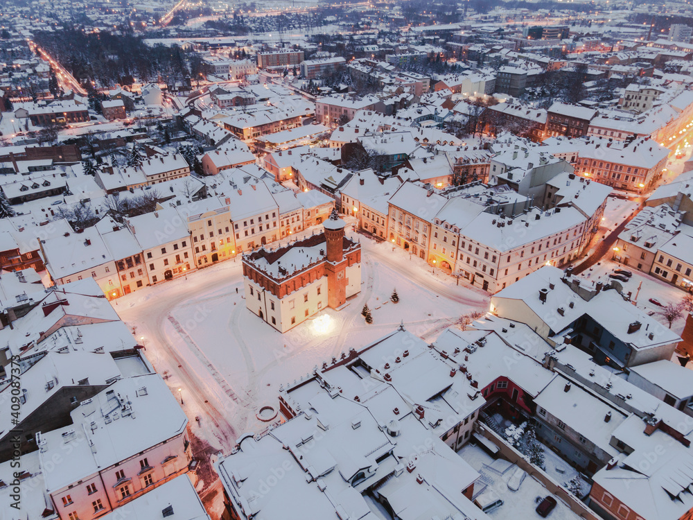Fototapeta premium Tarnow at Blue Hour. Drone View from Above. Winter in the City. Lesser Poland Medieval Old Town Skyline