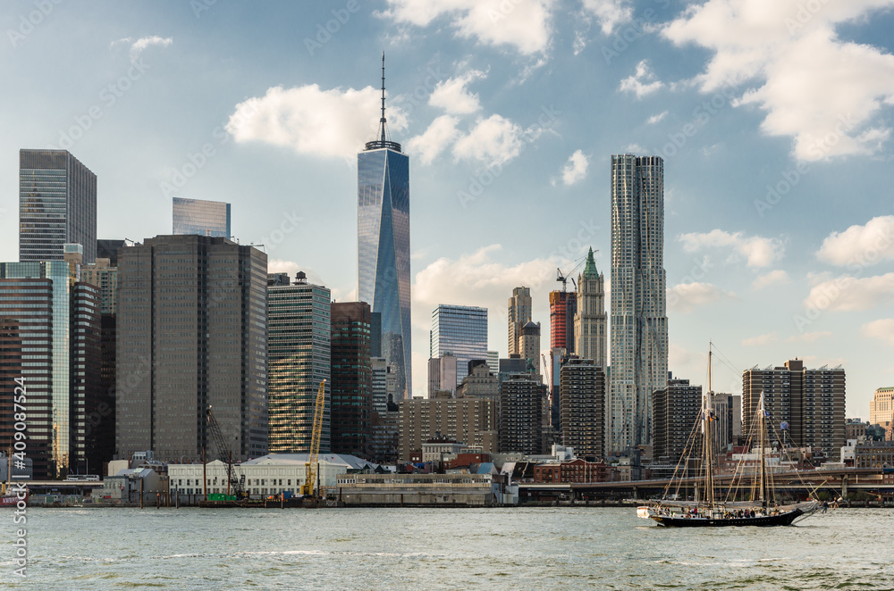 View from the Hudson River of modern Manhattan buildings, NYC, USA View from the Hudson River of modern Manhattan buildings, NYC, USA
