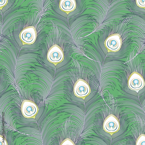 Peacock feathers Seamless pattern, background. Outline and colored vector illustration..