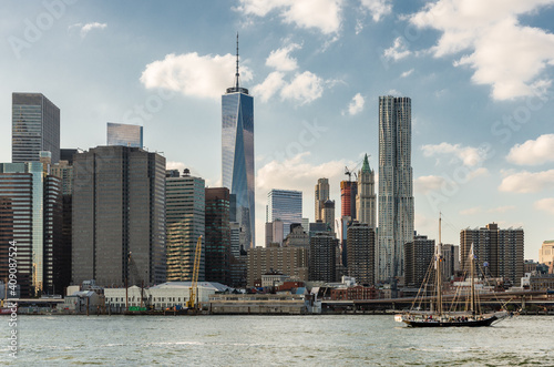 View from the Hudson River of modern Manhattan buildings, NYC, USA