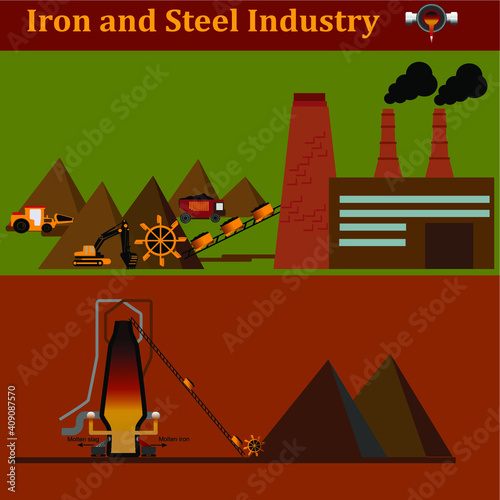 Iron and steel Industry. Mechanical equipment of metallurgical plants: blast furnace.Vector illustration.