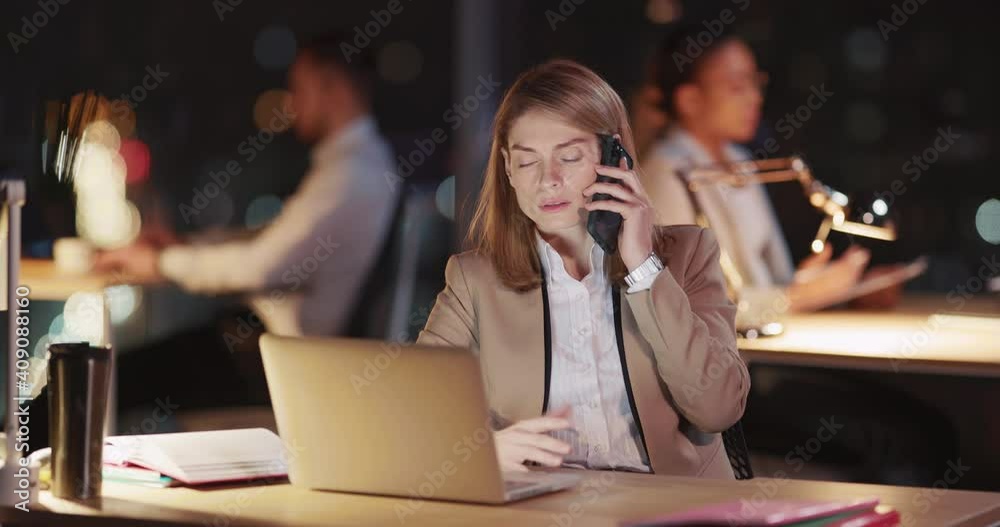 Professional caucasian woman office call manager marketing specialist support worker talking with customers servicing online working late night at office. Professional caucasian woman office call manager marketing specialist support worker talking with customers servicing online working late night at office.