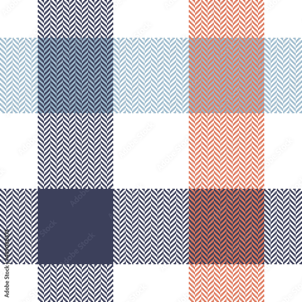 Buffalo plaid pattern in blue, orange, white. Herringbone textured seamless light tartan check plaid for flannel shirt, tablecloth, blanket, or other modern spring summer fashion textile design.