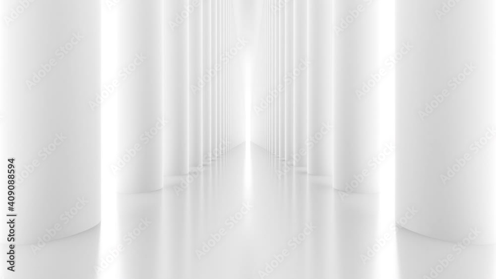 Futuristic empty white corridor with columns and bright light. Seamless looping animation