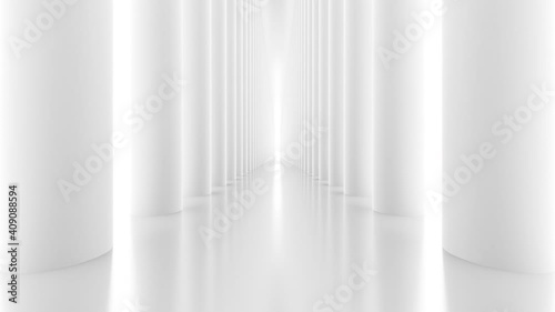 Futuristic empty white corridor with columns and bright light. Seamless looping animation