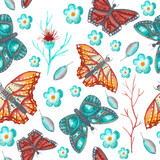 Watercolor seamless pattern with colorful butterflies and flowers.