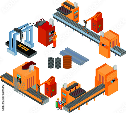 Robotic production line. Manufacturing and machine, automation and robotic and industry. Vector illustration