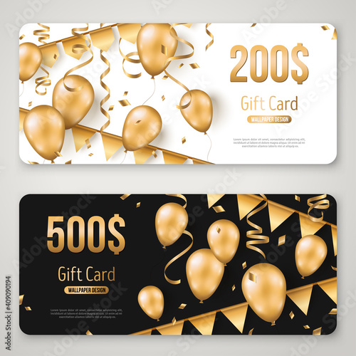 Happy Birthday gift card set template. Sale voucher layout. Vector Illustration. Golden foil confetti, 3d realistic glitter gold balloons and buntings on black and white background.
