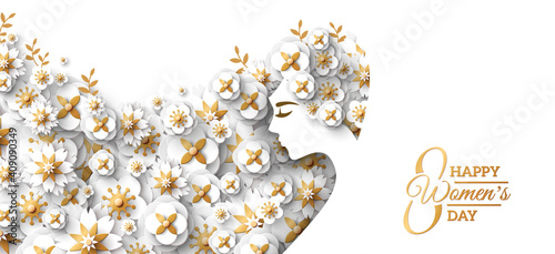 Fashion woman with long hair and floral pattern. Paper cut 3d spring flowers hairstyle. Vector Illustration. 8 March, Happy International Women's Day poster, greeting card or banner. Place for text