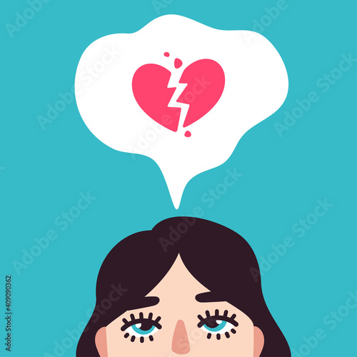 Female face portrait, broken heart feeling and depression, breakup concept. Vector illustration of Woman with love relationship problems. Frustrated or confused lonely girl. Single at Valentine's day