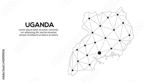 Uganda communication network map. Vector low poly image of a global map with lights in the form of cities. Map in the form of a constellation, mute and stars.