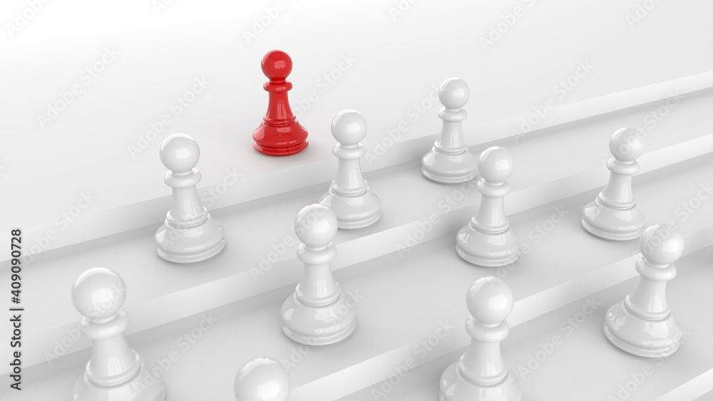 Leadership concept, red pawn of chess, standing out from the crowd of whites. 3D Rendering Leadership concept, red pawn of chess, standing out from the crowd of whites. 3D Rendering