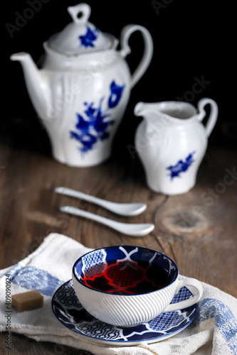Vintage Porcelain, teapot, tea cup, milk cup plate, spoons, blue china.