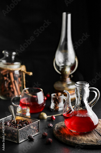 Fruit red tea, on black background
