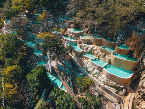 Aerial drone view of incredible mountain hot springs Tolantongo Mexico photo