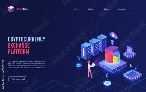 Blockchain crypto currency, cryptocurrency bitcoin exchange platform isometric vector illustration. Cartoon 3d virtual financial business system for electronic money payment transaction landing page