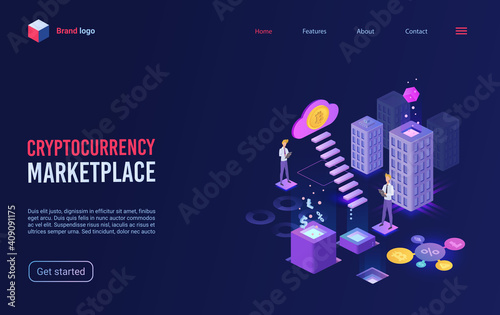 Trade crypto currency on marketplace concept isometric vector illustration. Cartoon 3d abstract modern city with analyst people working, trading on virtual bitcoin cryptocurrency market landing page